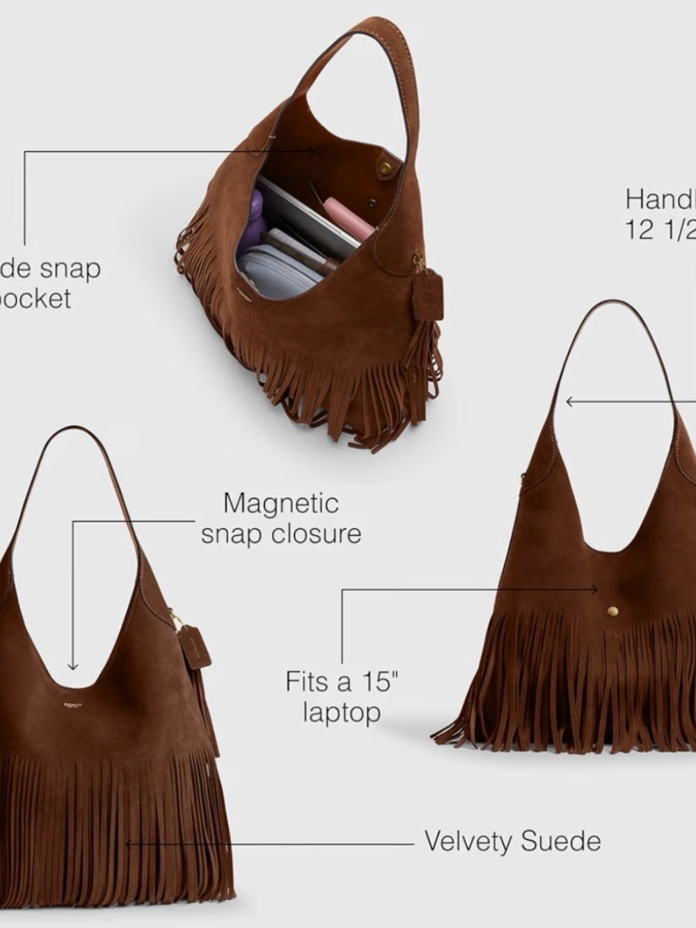 COACH Brooklyn 39 Warm Brown Suede Fringe Shoulder Hobo- NWOT - Picture 13 of 14